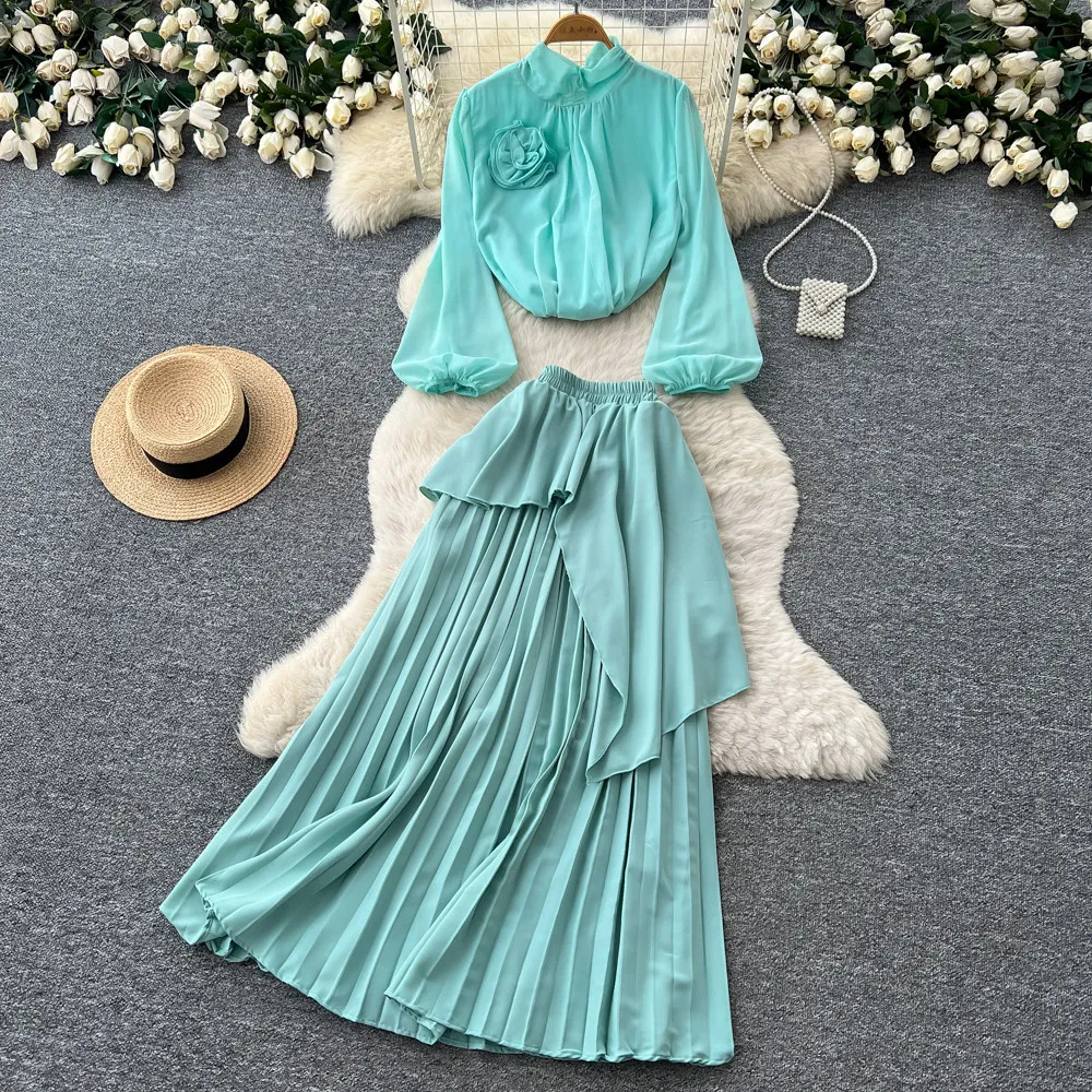 

Two Piece Sets Women Skirt Set Lantern Sleeve Floral Tops Long Skirts A Line High Waist Y2k Streetwear Elegant Work Ruffles 2026