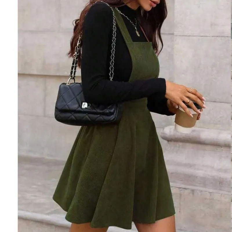 Damen Cord-Schürzenkleid mit quadratischem Ausschnitt, ärmellos, Vintage, einfarbig, Trägerrock, lässig, Herbst/Winter, kurzes Kleid für Damen