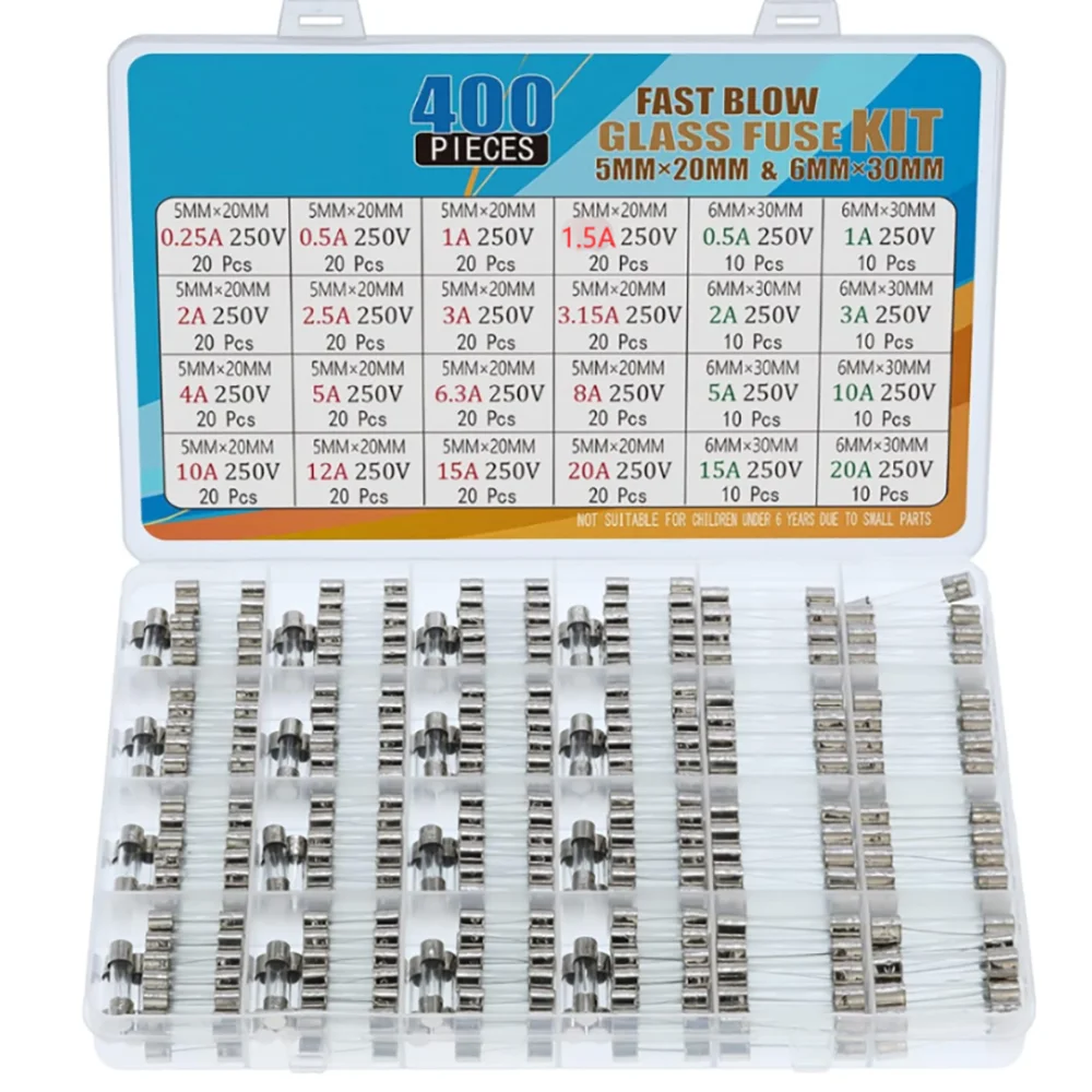 400pcs Fast Blow Glass Fuse Assortment Kit 24 Values Fuses Kit 0.25A - 20A 5x20mm, 250V 0.5A - 20A 6x30mm Glass Tube Fuses Set