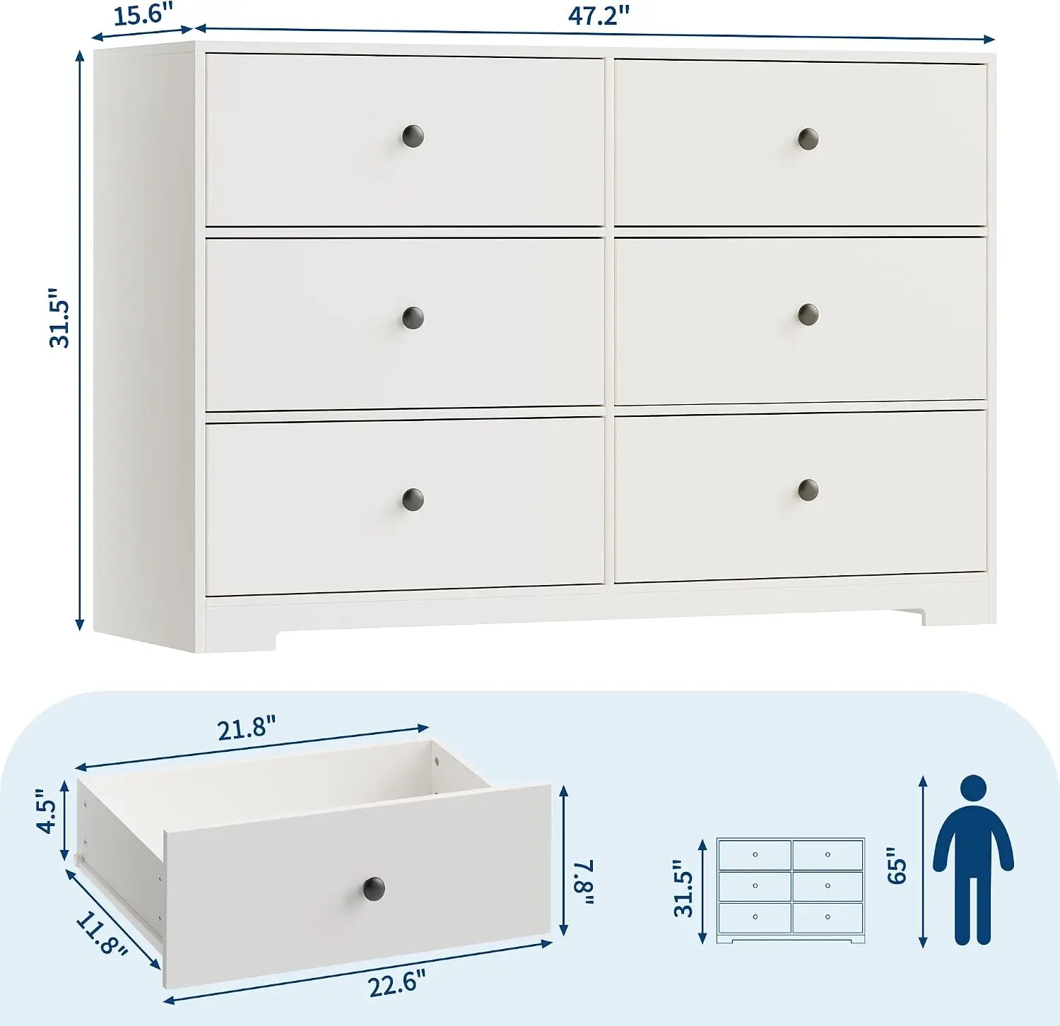 6 Drawer Dresser for Bedroom, 47in Wide Dresser Chest of Drawers,Spacious Storage Drawers for Closet, Living Room, Entryway