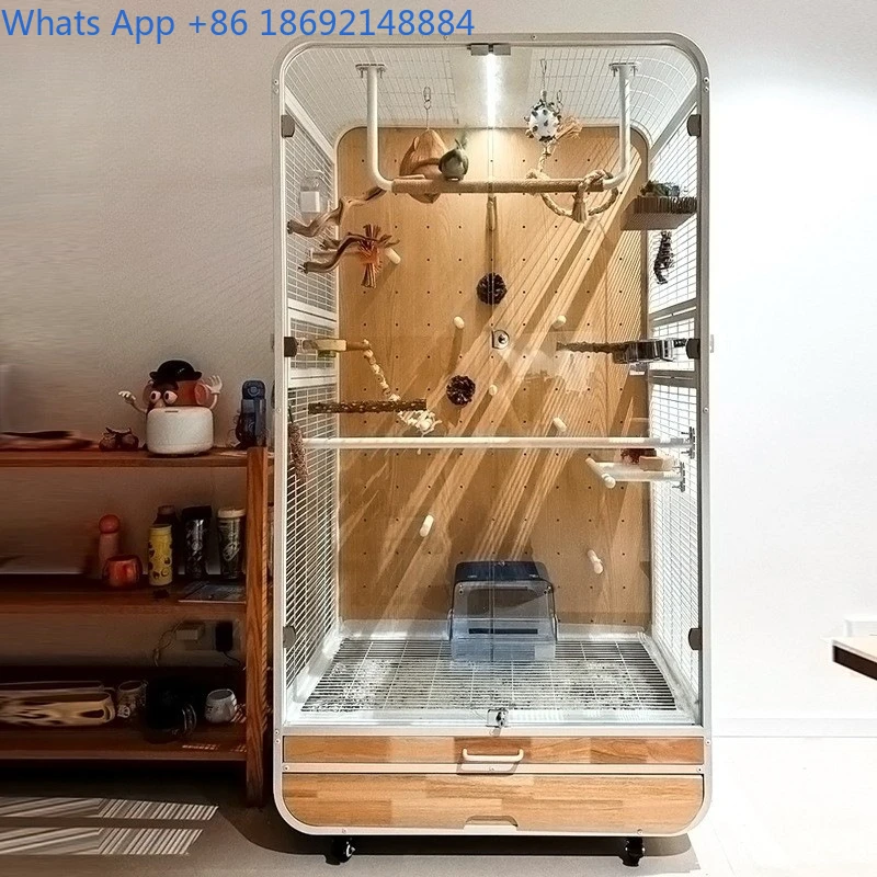 

Large Parrot Bird Cage Villa Movable Solid Wood Iron Art Panoramic Mobile Bird Cage