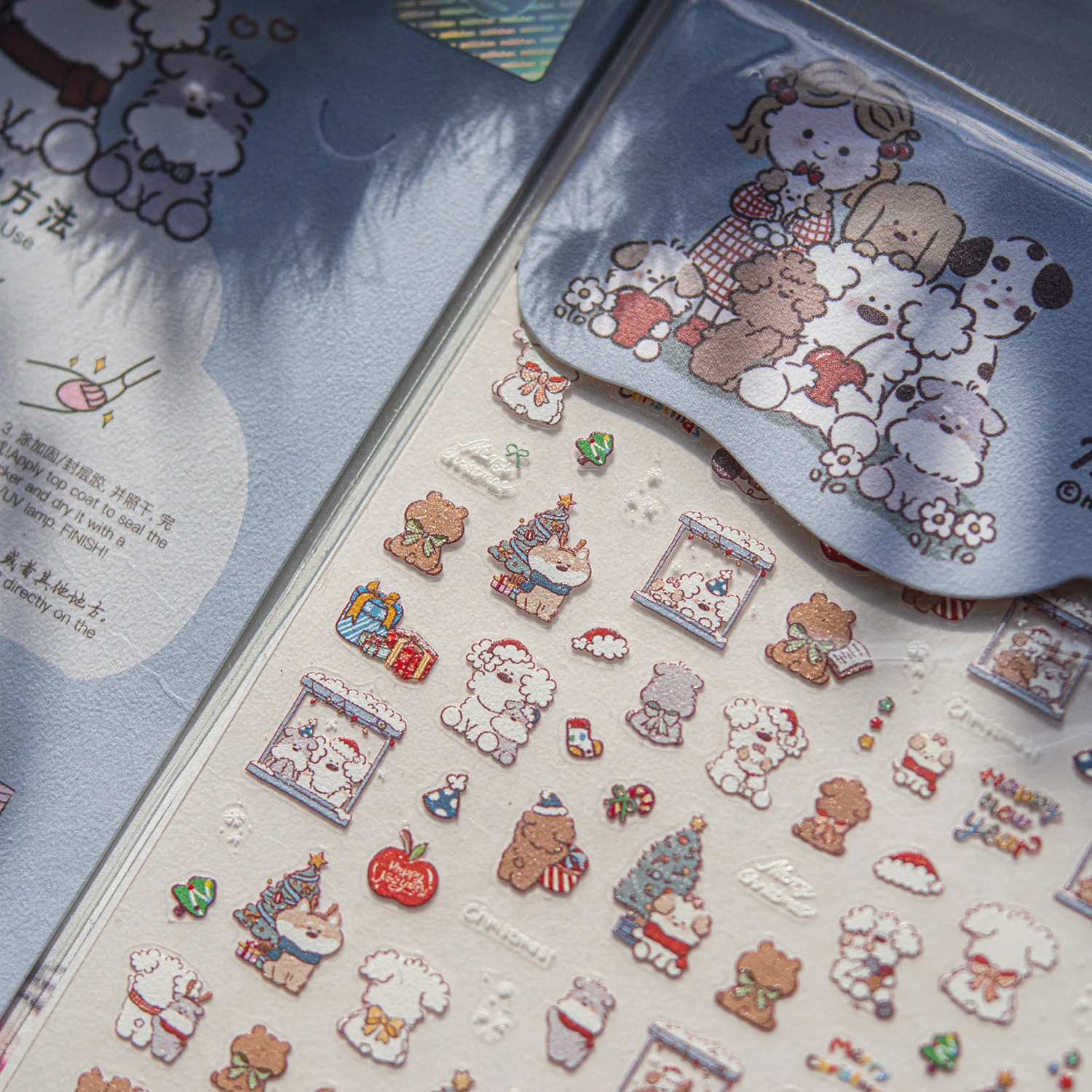 Nail Art Stickers Thin Flexible Christmas Dog Cartoon Self Adhesive Film Decals Phone Case White Lightweight Gift for Students