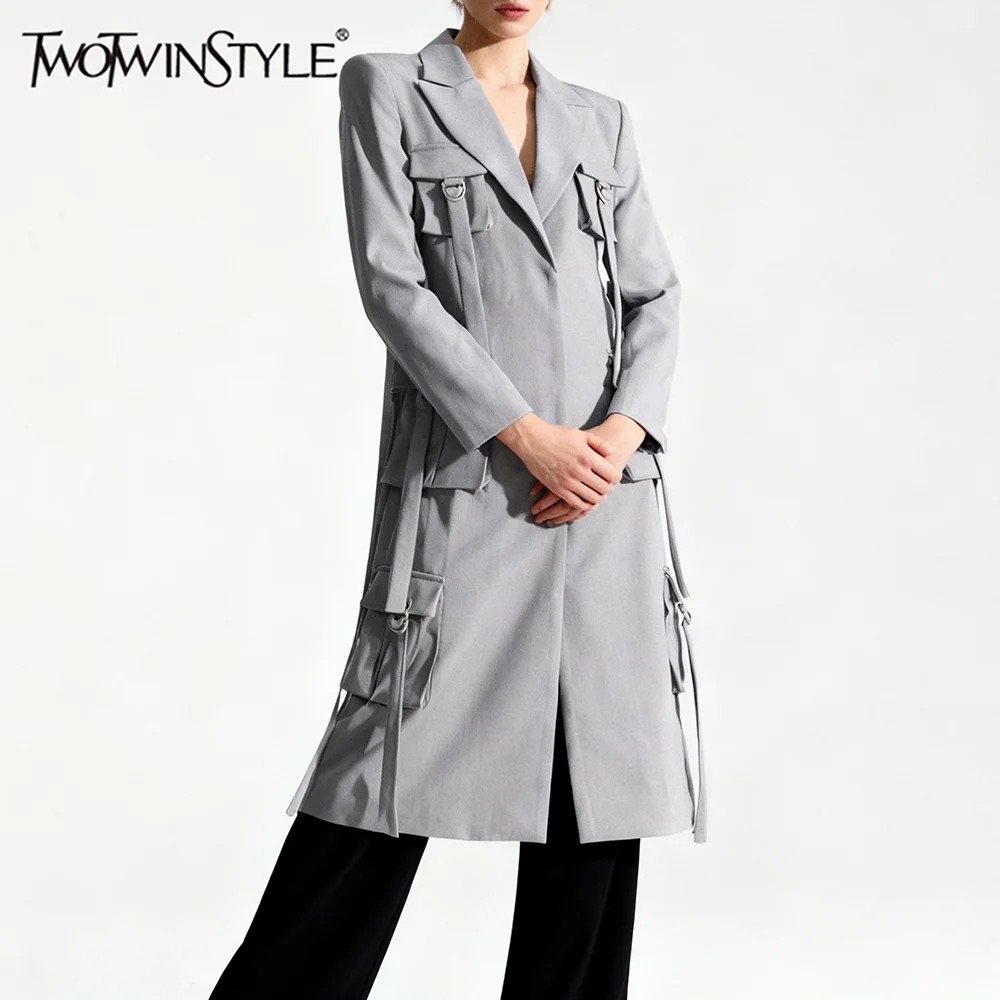 

TWOTWINSTYLE Fashion Loose Spliced Pockets Long Blazers for Women Lapel Long Sleeves Design Sense Blazer Female Autumn Clothing