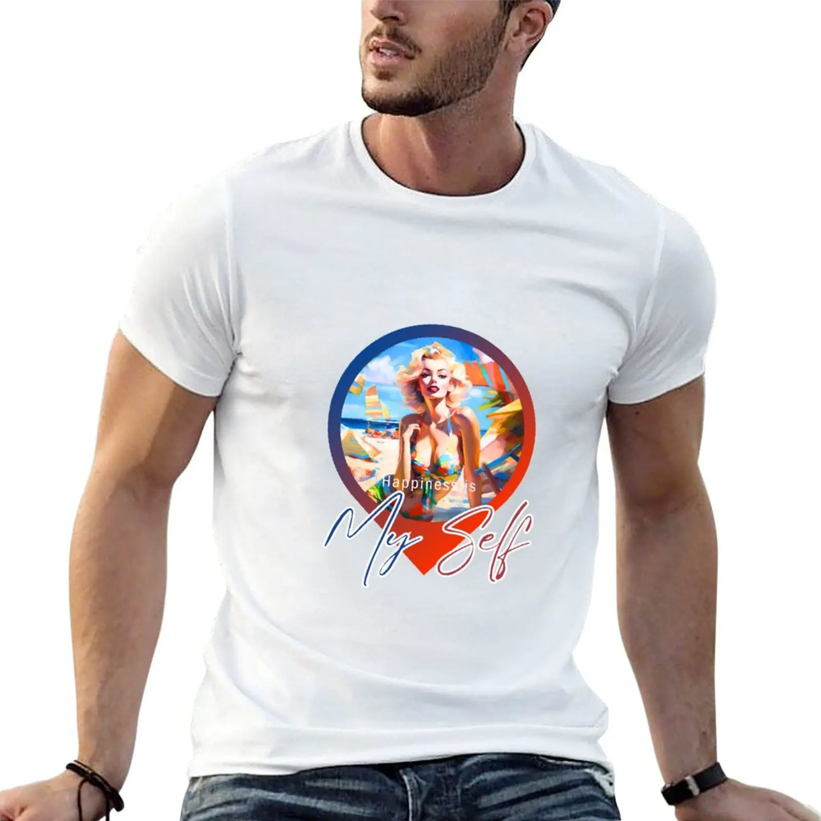 Beach Bliss - T-shirt décontracté avec impression artistique rétro Pin-Up, anti-boulochage