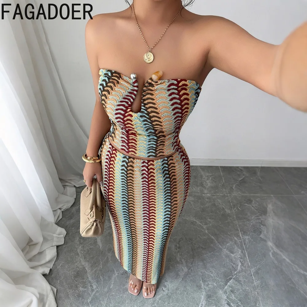 

FAGADOER Elegant Stripes Patchwork 2 Piece Sets Woman Outfit Sleeveless Backless Crop Top and Skirts Female Streetwear Vestidos