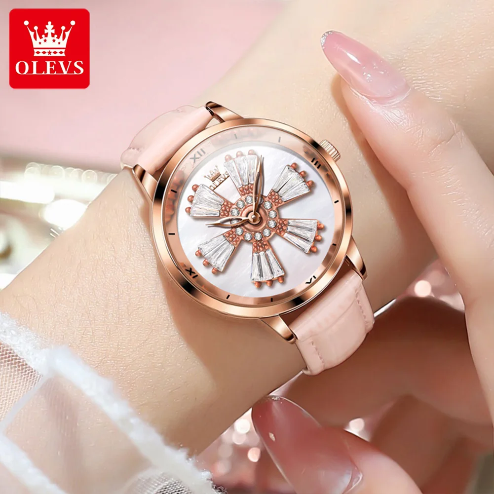 OLEVS 5579 Women's Watches Leather Strap Fashion Time Flies Waterproof Diamond Watch for Ladies Elegant Women's Wristwatches