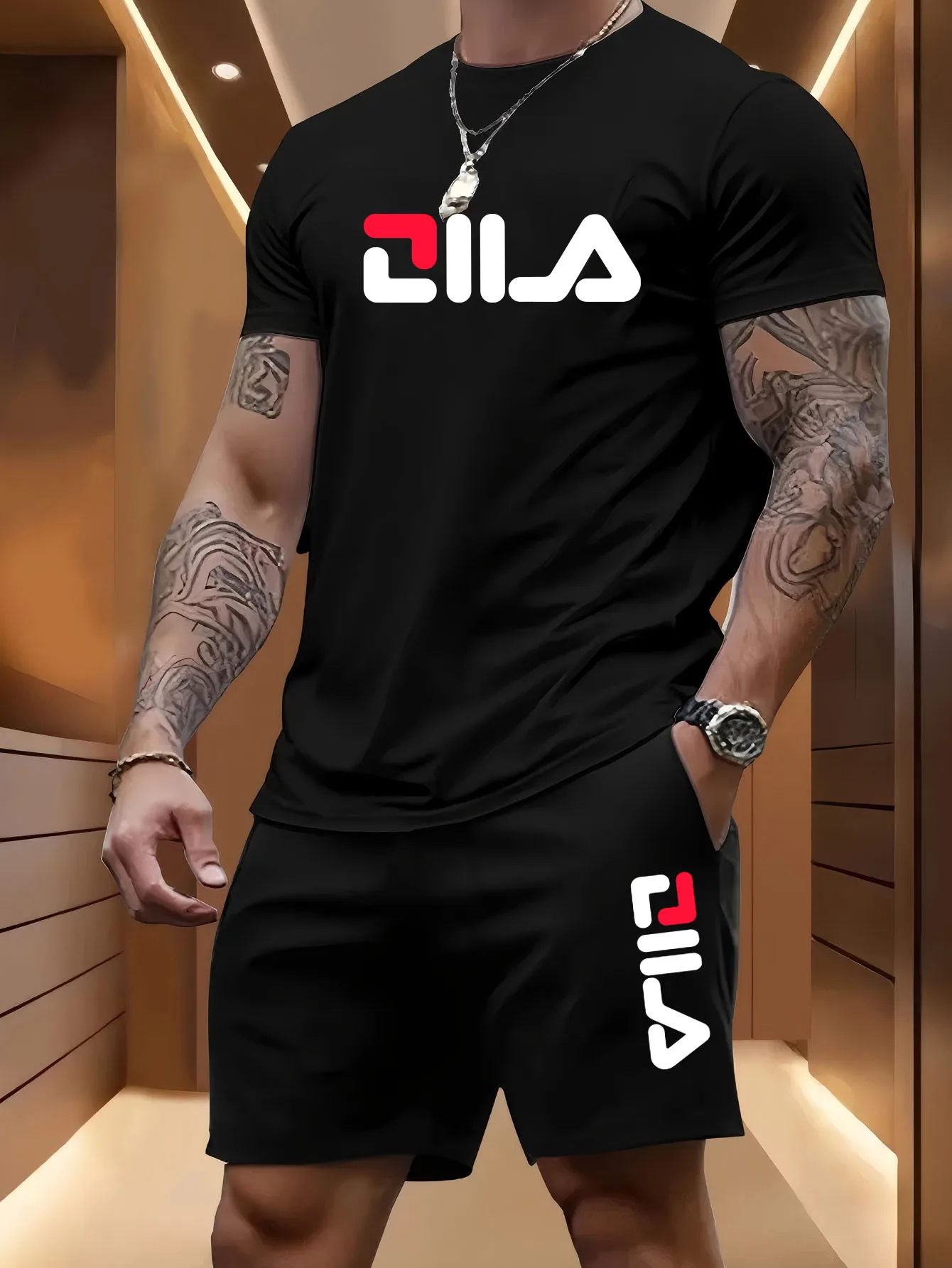 

Men's Summer Beach Sports Suit Casual Outdoor Basketball Sports Comfortable Two-Piece Set with Fashion Loose T-Shirt And Shorts