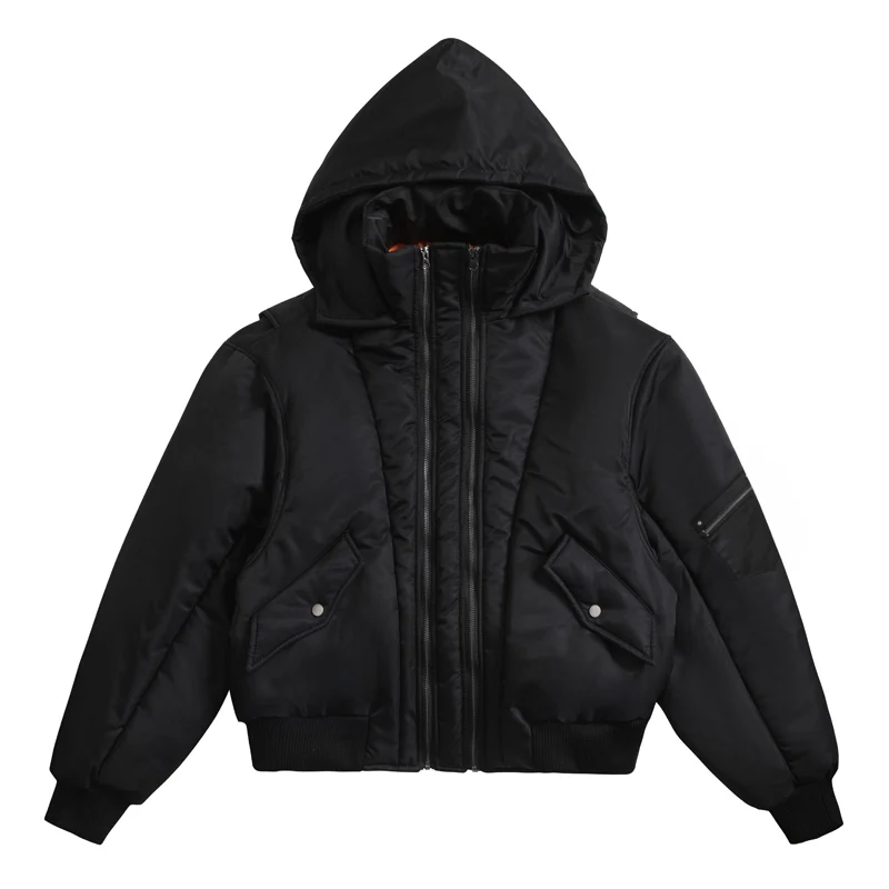 

Winter Double Zip Hooded Parkas Flight Jacket Men Streetwear Dark Black Cotton-padded Thicken Warm Bomber Jacket Women Coat