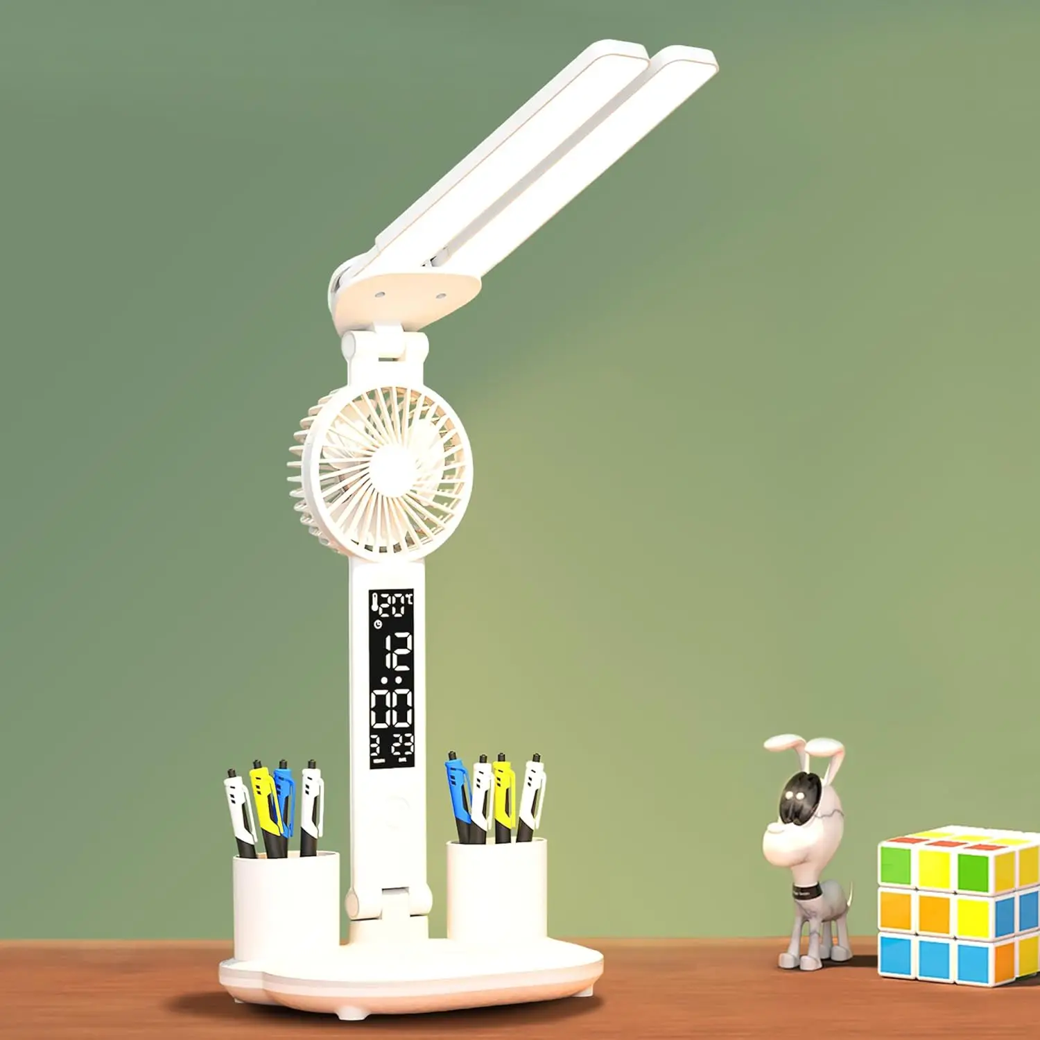 

Desk lamp, LED Desk Lamps with Fans, USB Charging Port, Adjustable Foldable Table Lamp with Clock, Date, Fan, Pen Holder, Temper