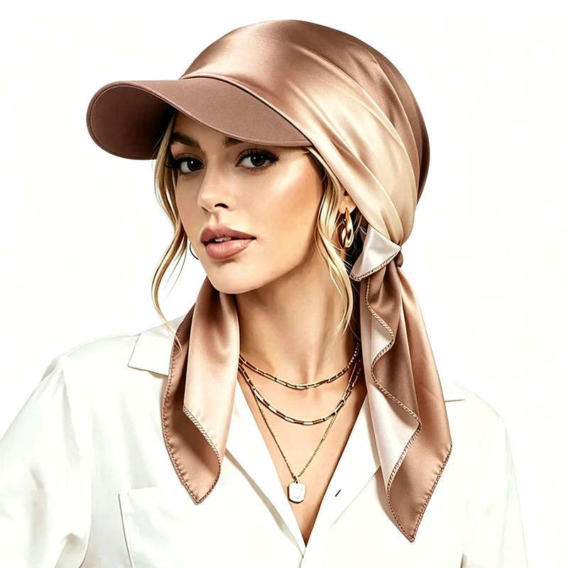 Gradient Satin Hijab Cap With Visor Muslim Women Turban Hat Tie Scarf Sun Protection Headscarf For Daily Outdoor