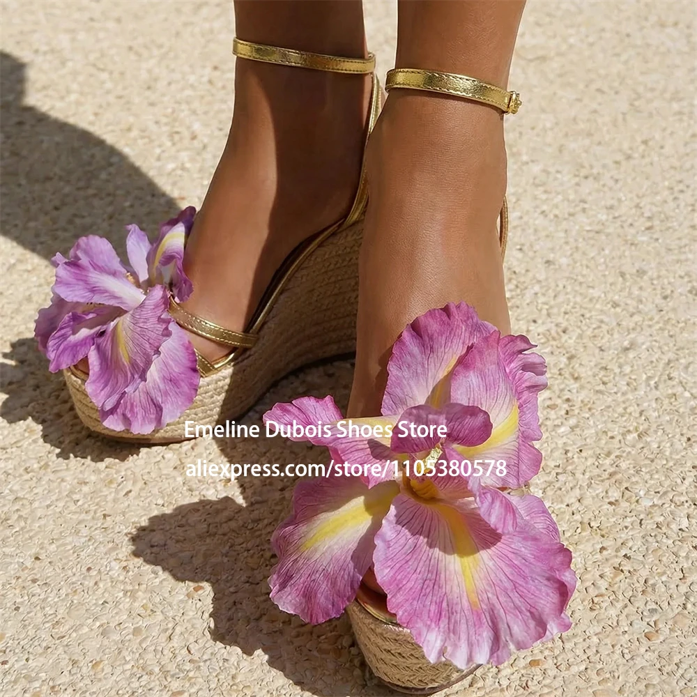 

Floral Platform Wedge Heel Sandals Espadrilles Ankle Buckle Strap Open Toe High Heel Sandals Summer Beach Party Sandals