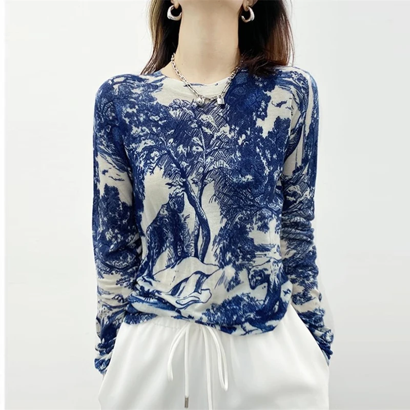 Damen koreanische Mode Vintage-Print elegante Strick pullover Harajuku lässig schick Langarm Strickwaren schlanke Basic Pullover Tops