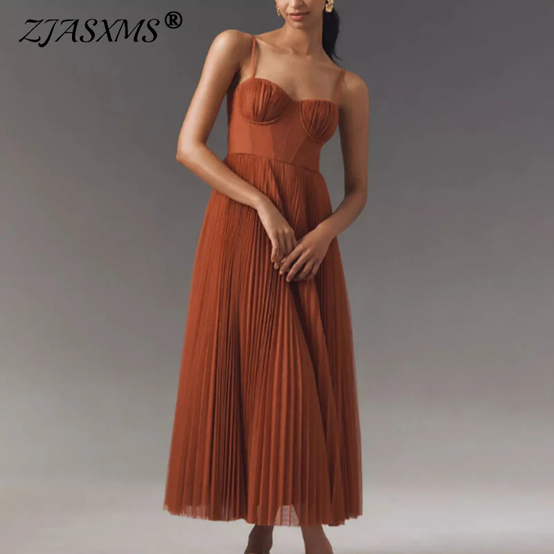 Vestido largo sexi sin tirantes con corte en A, novedad de primavera y verano, vestidos plisados lisos, vestido informal sin mangas con espalda descubierta y cremallera para mujer