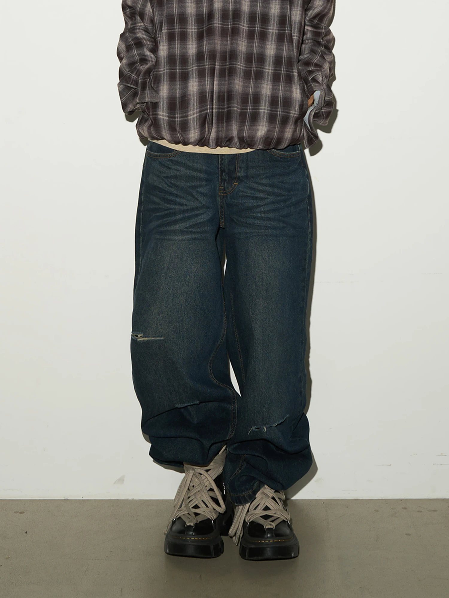 

Джинсы MICHINNYON свободного кроя с широкими штанинами, унисекс, с низкой посадкой, в американском ретро-стиле, с рваной текстурой, свободный крой, хлопок, полосатый узор