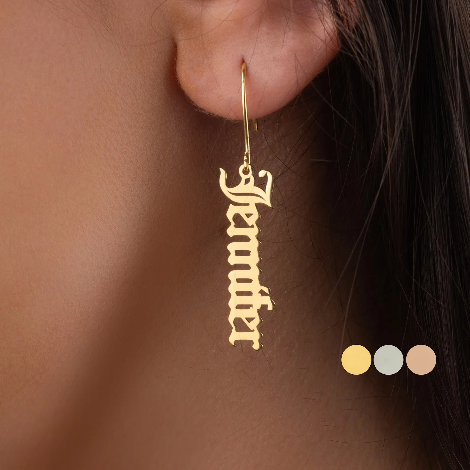 

Custom Gold Name Earrings Personalized Gothic Font Dangle Earrings Unique Jewelry Gift Customizable Color Options Christmas Love