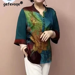 Spring Summer Middle Aged Elderly Women Vintage Stylish Print Blouse Elegant V Neck 3/4 Sleeve Shirts Casual Loose Tops Blusas