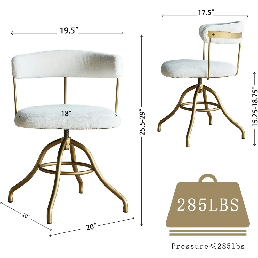 Silla de escritorio clásica, asiento de tocador elegante, silla decorativa de piel sintética de felpa, silla tapizada giratoria versátil en blanco para dormitorios
