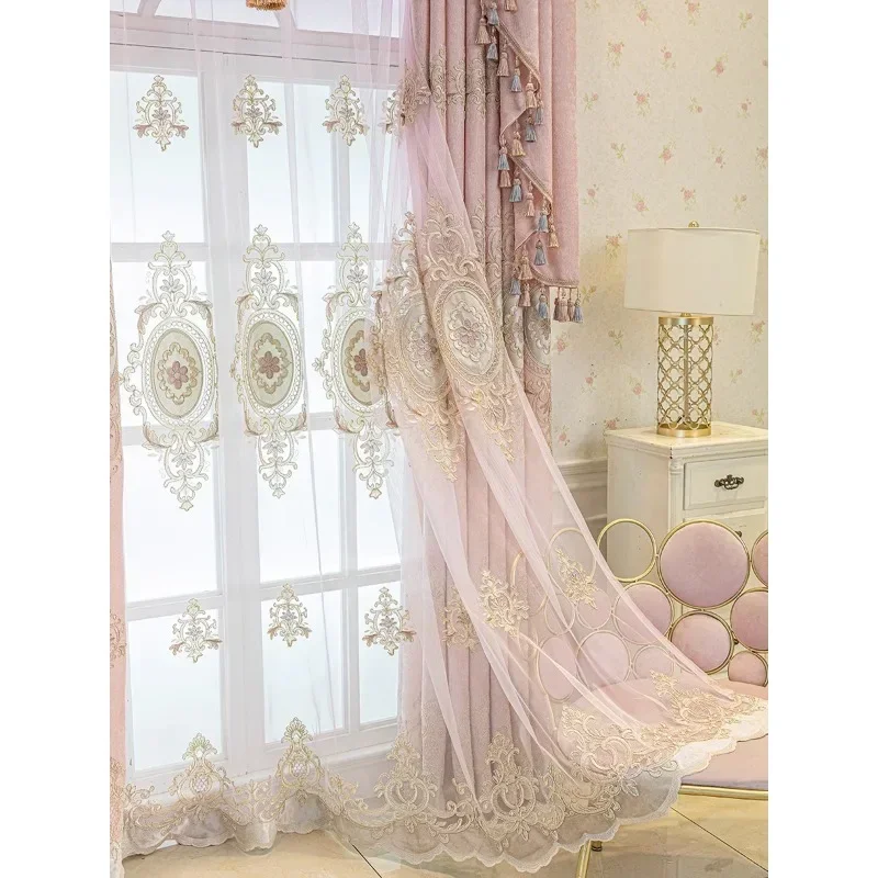 

High-grade Chenille Pink Embroidery Girls High Shading Curtain Window New European Curtains for Living Dining Room Bedroom