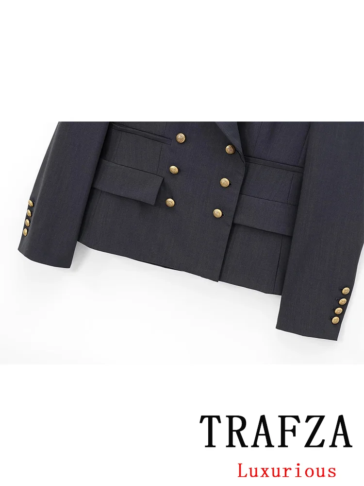 TRAFZA Vintage Chic Office Lady Solid Women Suit Pockets V Neck Blazer Straight Loose Pants New Fashion 2024 Autumn Winter Sets