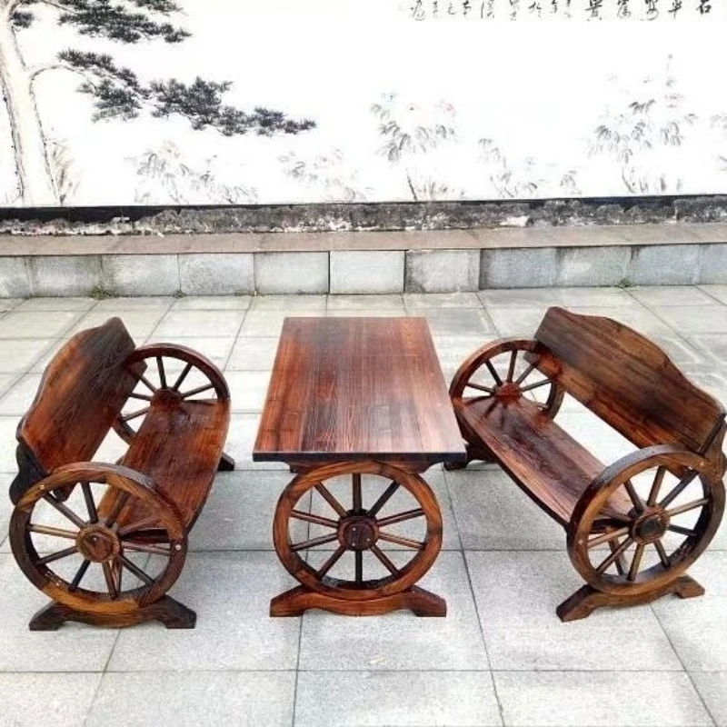 Outdoor anti-corrosion solid wood table and chair kit, leisure farm carbonized courtyard balcony furniture combination