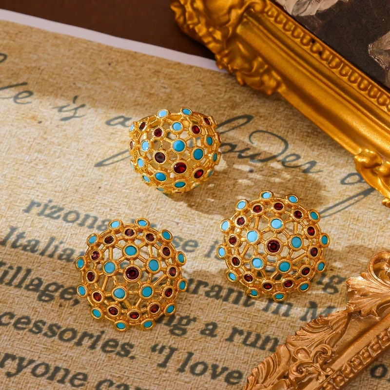 

Vintage Honeycomb Hollow Ring Earrings Set Colorful Zircon Jewelry for Women Party Gift