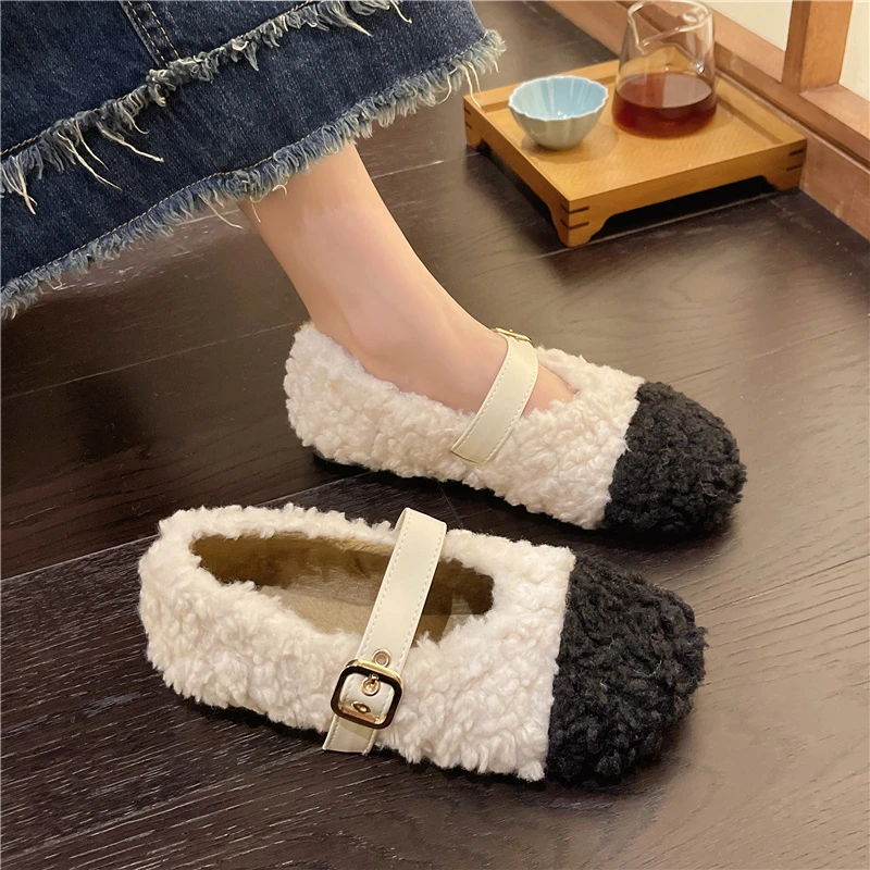 

New Style One Line with Cotton Thick Sole Woolen Shoes for Women Winter Wear Matching Color and Velvet Flats Shoes Zapatos Mujer