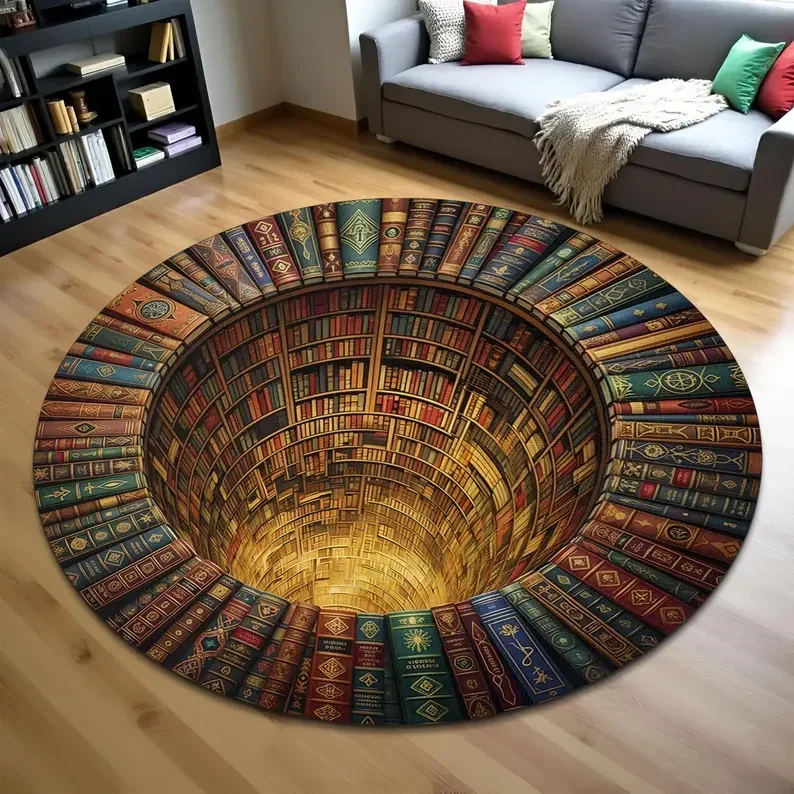 Library Books 3D Optical Illusion Rug Trippy Library Books Hole Carpet Books Cave Illusion Floor Mat Enchanted Bookshelf 3D Rug