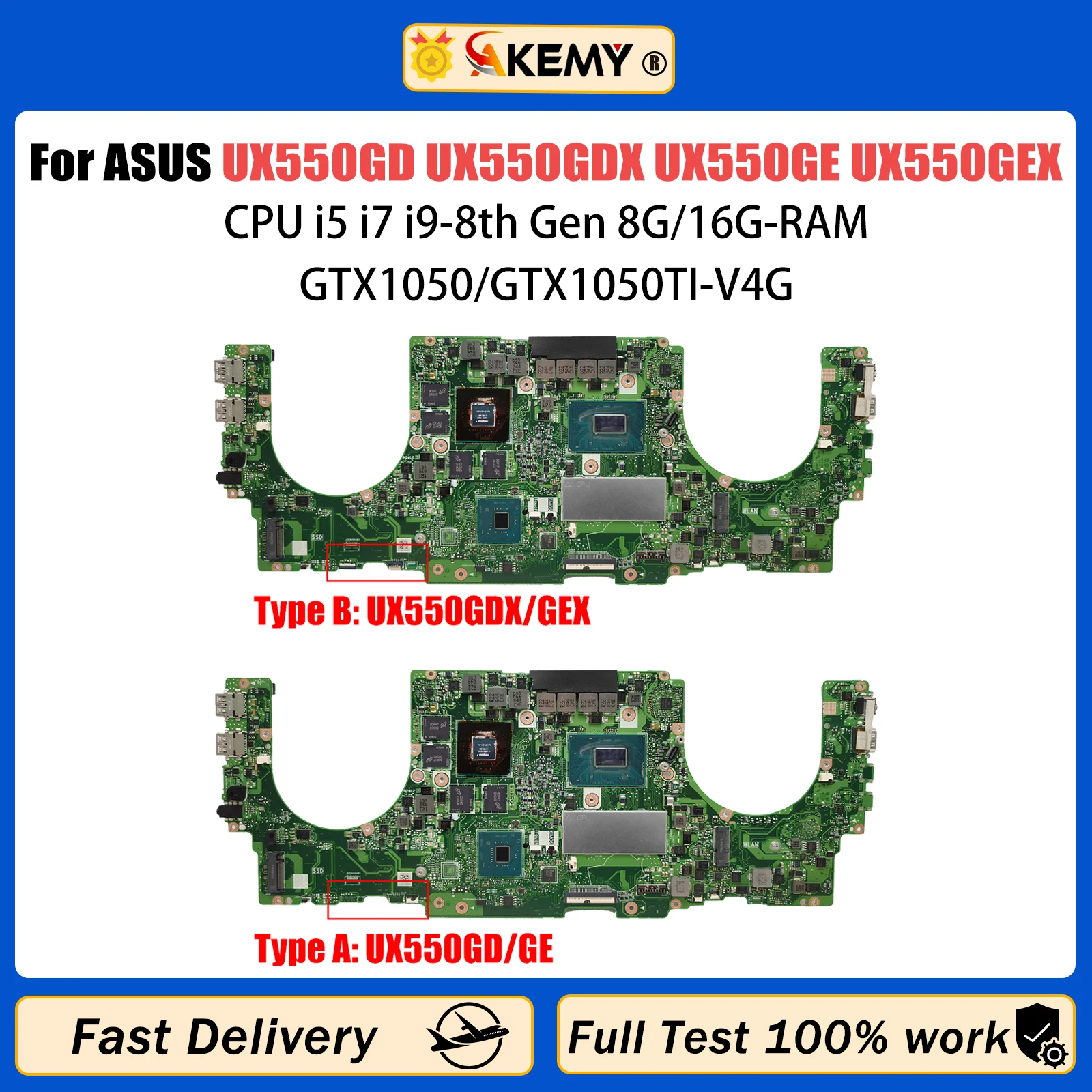 

AKEMY UX550GD Mainboard For Asus UX550GDX UX550GE UX550G UX550GEX Laptop Motherboard i5 i7 i9 CPU 8G/16G-RAM GTX1050-V4G