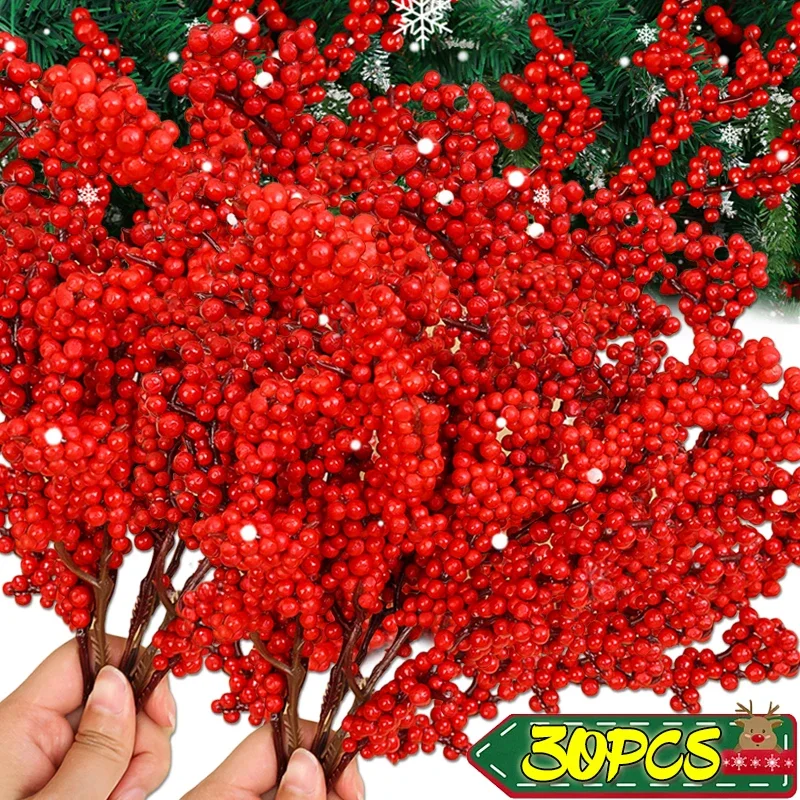 Red Holly Berry Stems Artificial Red Berries Bunch Fake Flowers Plant for Christmas Tree Ornaments for New Year Party Home Decor