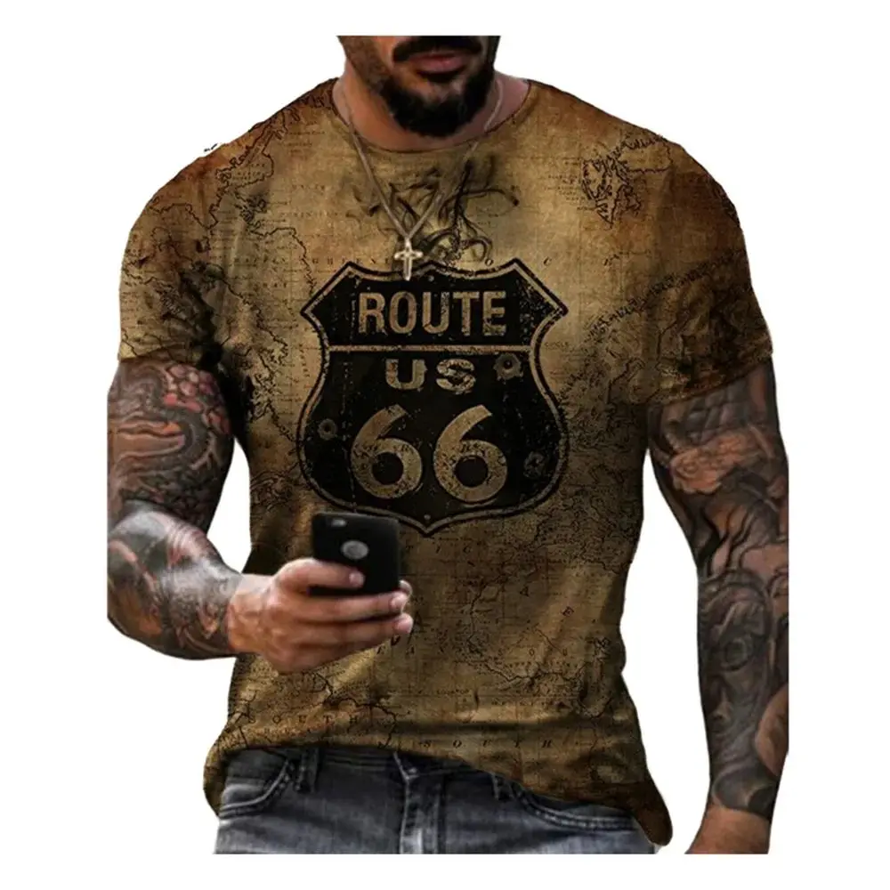 Camiseta Retro clásica para hombre, Camiseta con estampado 3d Hd, cuello redondo, transpirable, talla grande, moda de verano, Ruta Americana 66