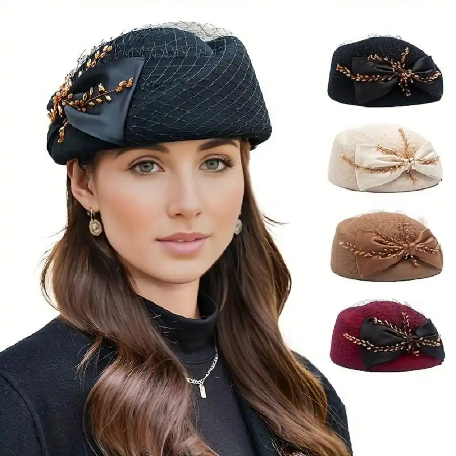 Women's temperament mesh top hat, wool felt hat, British retro hat, fashionable bow beret hat