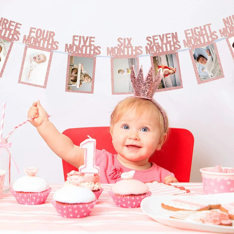 Baby-Fotobanner zum ersten Geburtstag, 1–12 Monate, Foto-Requisiten, Junge, Mädchen, Fotografie, Wimpelkette, Girlande, Babyparty, Partydekoration – Detail 2