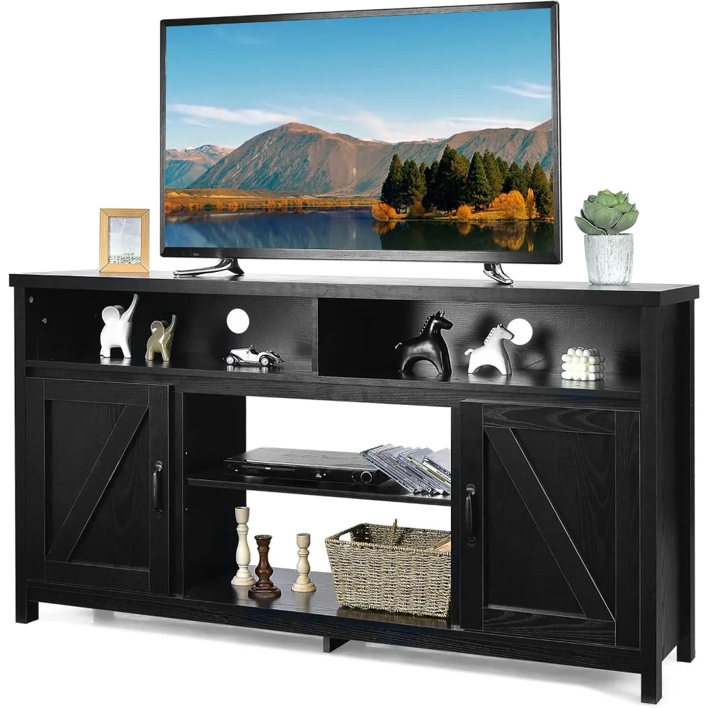 TV Stand with Double Barn Doors, 59 inch TV Storage Cabinet for TVs Up to 65 Inches, Adjustable Shelves, Center Console Table