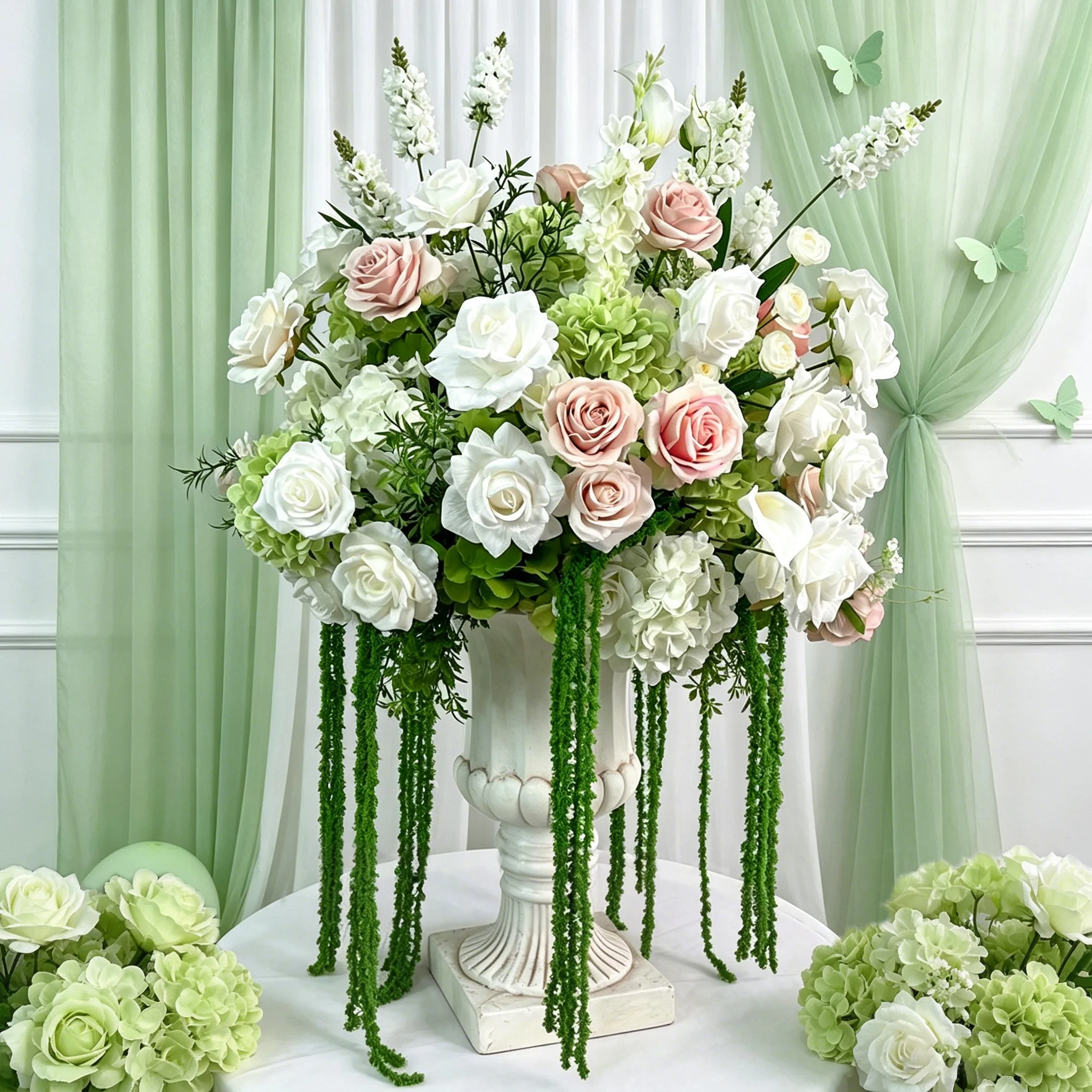 

60cm Wedding Artificial Flower Arrangement Green Pink Hydrangea Anthurium Rose Floral Decor for Backdrop Table Stage Party Event