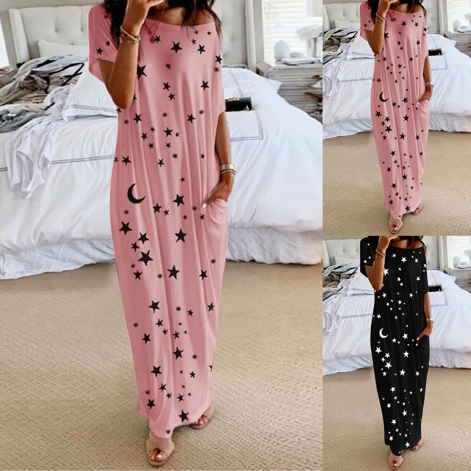 

Lady Long Dress Pajamas Women Stars and Moon Print Short Sleeve Casual Nightdress Elegant Round Neck Vintage Sleepwear