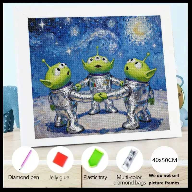 

1PC 5D DIY Full Drill Diamond Painting Kit, Cute Cartoon Toy Story Little Green Men Aliens Astronauts Holding Hands on Moon with