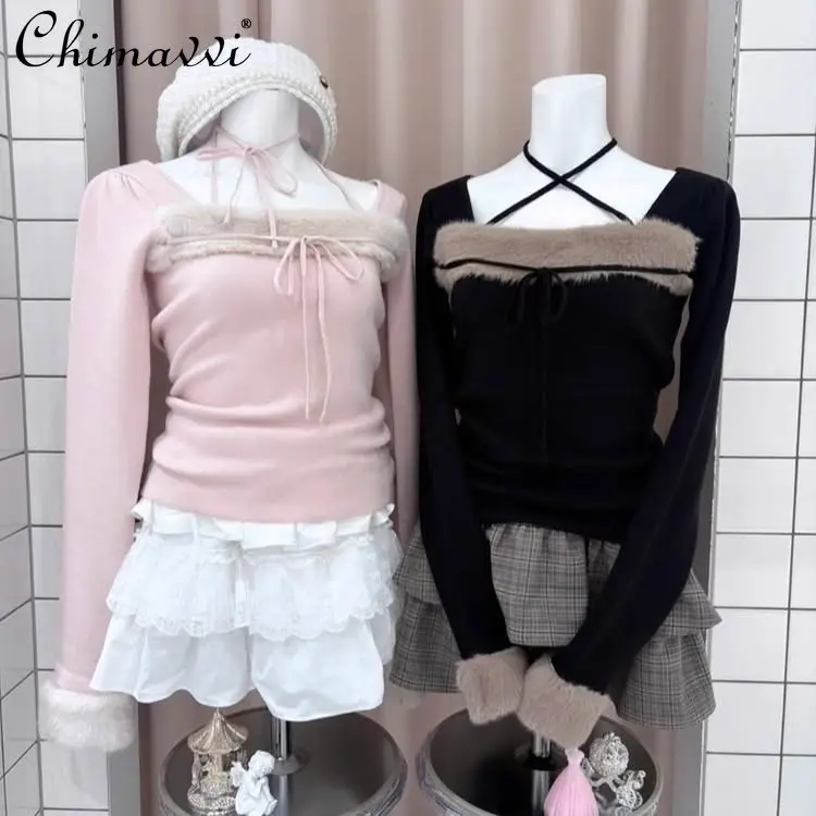 

Japanese Sweet Chest Sleeve Plush Patchwork Lace-Up Off-Shoulder Sweater Spring New Cute Girl Long Sleeve Pullover Knitted Top