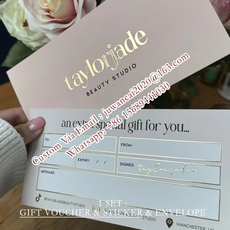 Custom 3D Golden Foil Gift Voucher With Embossed Golden Logo Sticker Envelope Gift Cards for Beauty Salon Silver Business Cards