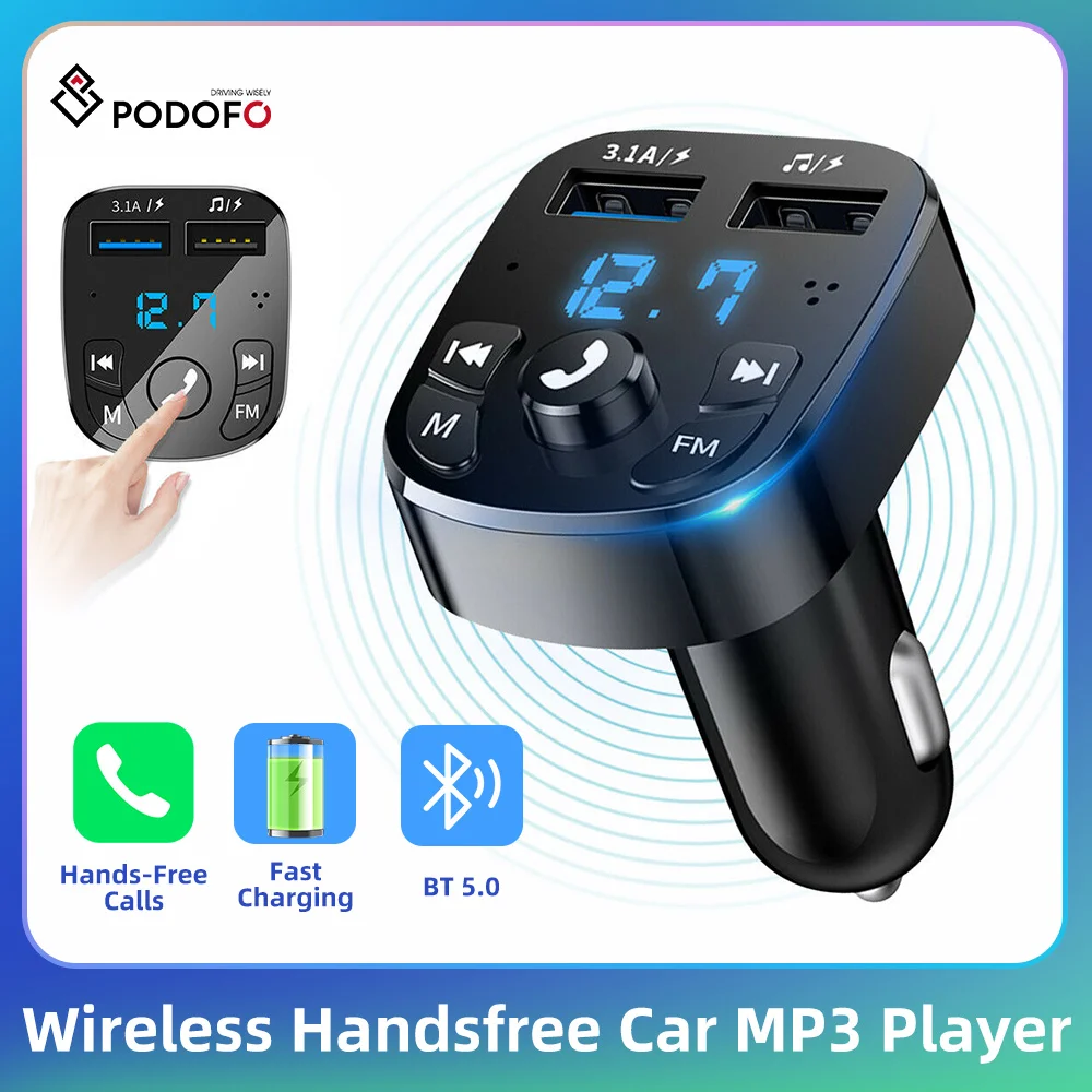 Podofo 5.0 Bluetooth Trasmettitore Car FM Vivavoce Transmitter MP3 Player Wireless Handsfree Dual USB Ports Charger Kit FM