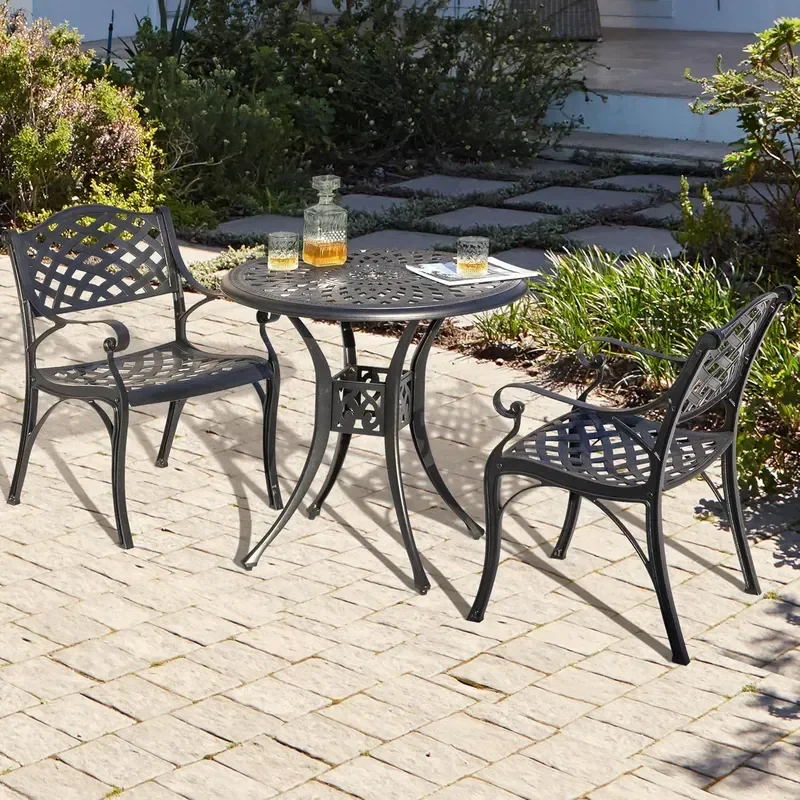 3 Piece Outdoor Cast Aluminum Bistro Table Set Rustproof Table and Chairs with Umbrella Hole for Backyard Balcony Front Porch