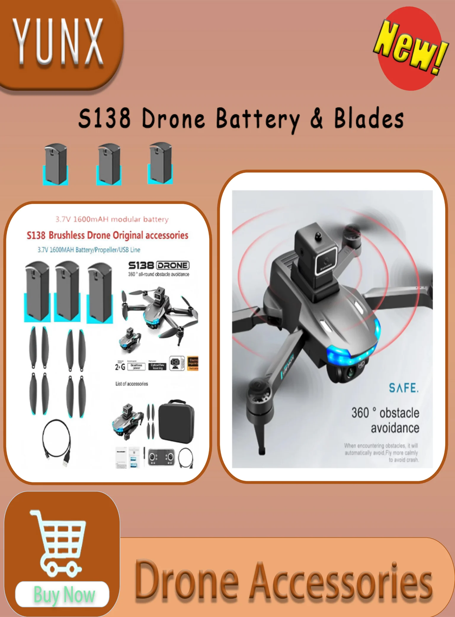 YUNX - Juego de Repuestos de Hélices y Batería de 1600 mAh y 3.7 V para Dron de Control Remoto con GPS S138