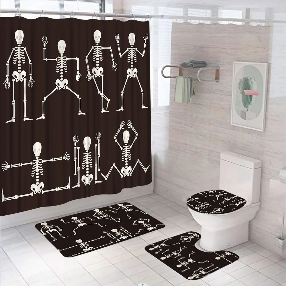 

Halloween Shower Curtain Set Bathroom Decor with 12 Hook Skeleton Funny Dance Black White Non-Slip Rug Toilet Lid Cover Bath Mat