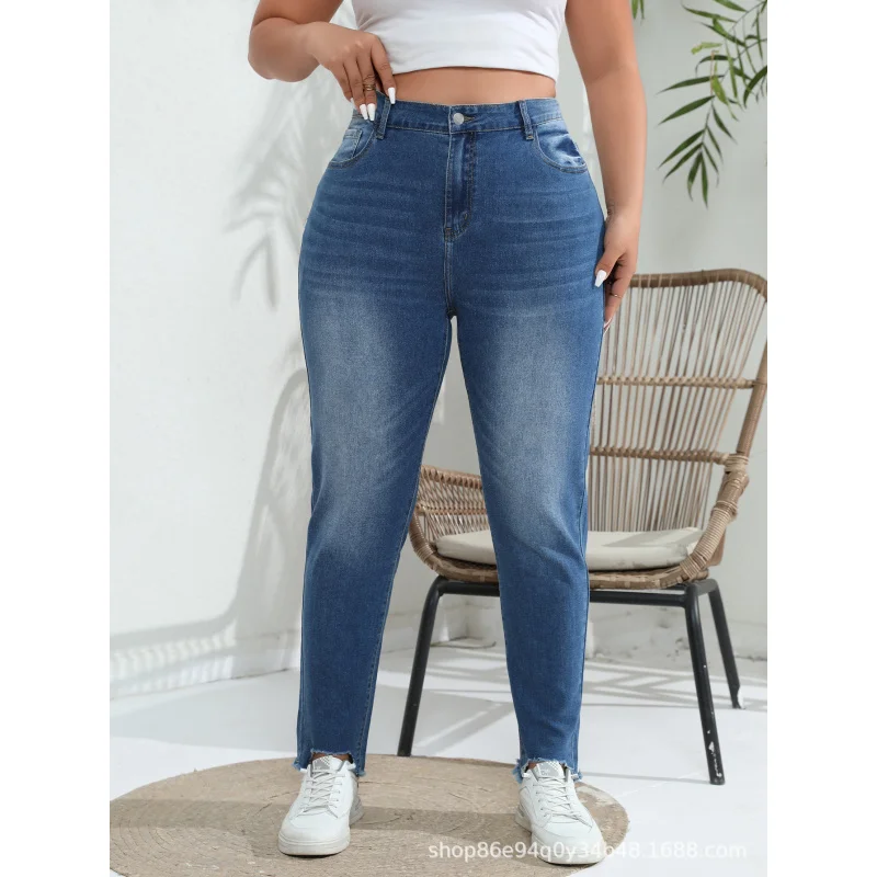 Cross-Border European and American plus Size Denim Raw Edge Skinny Pants FatMMStretch Skinny Pencil PantsTEMUAmazonSHEIN