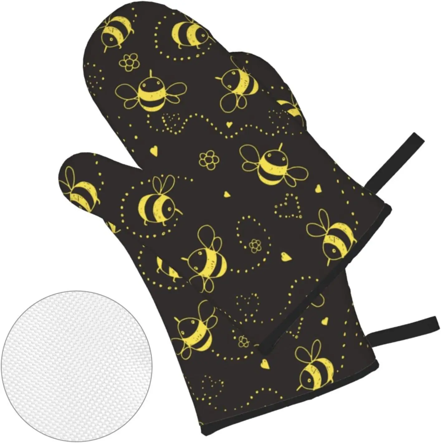 Oven Mitts and Pot Holders Sets 4 Piece Cartoon Doodle Cute Bee Oven Gloves Heat Resistant Non-Slip for Kitchen Cooking