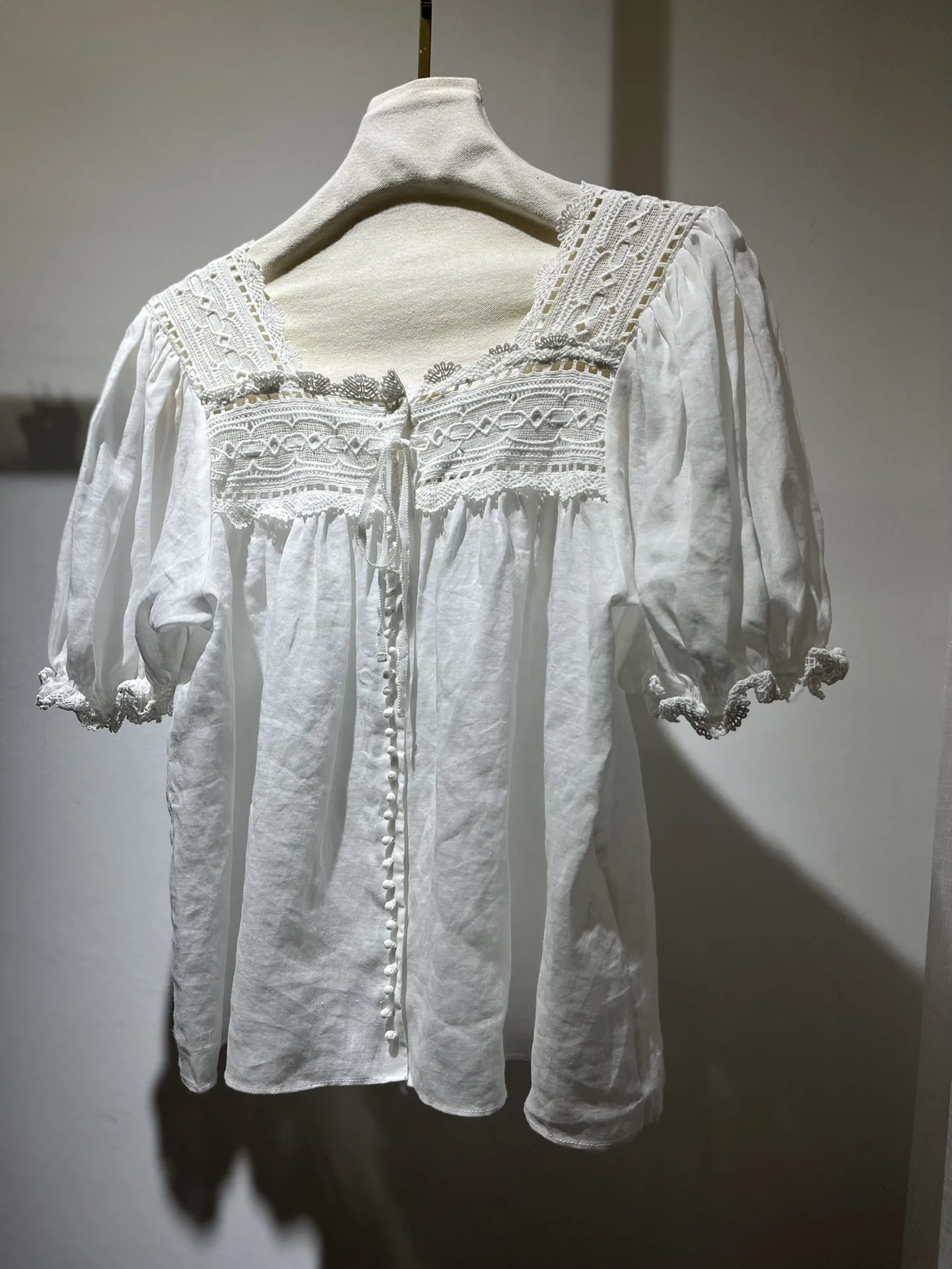 Women white Shirt tops Hollow Out Embroidery Square Collar Short Sleeve Blouse