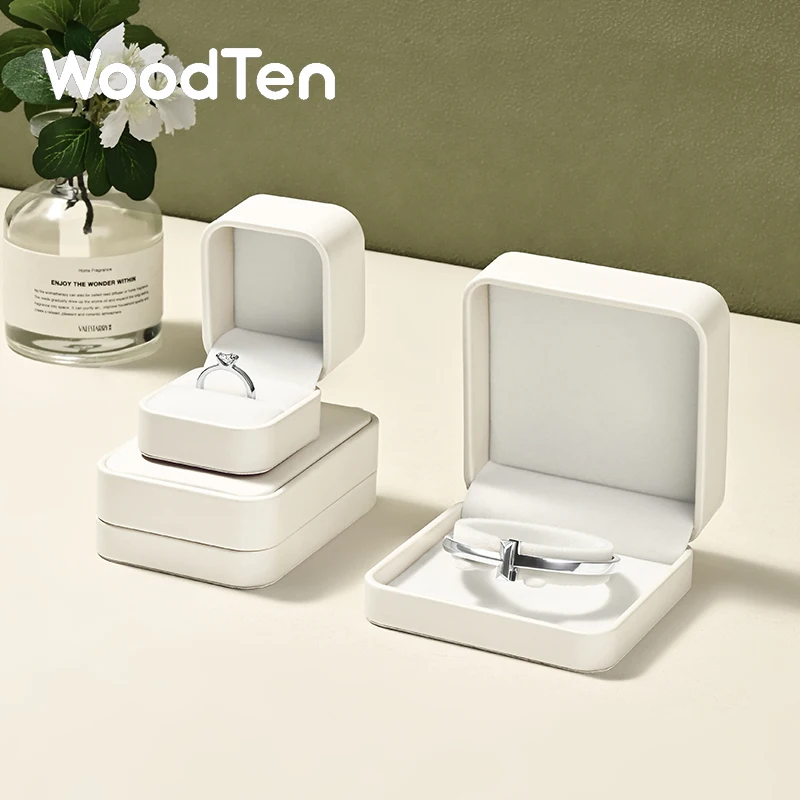 WoodTen Beige Jewelry Box Leather Ring Jewelry Organizer Box Earring Necklace Bracelet Box For Proposal Wedding Customizable