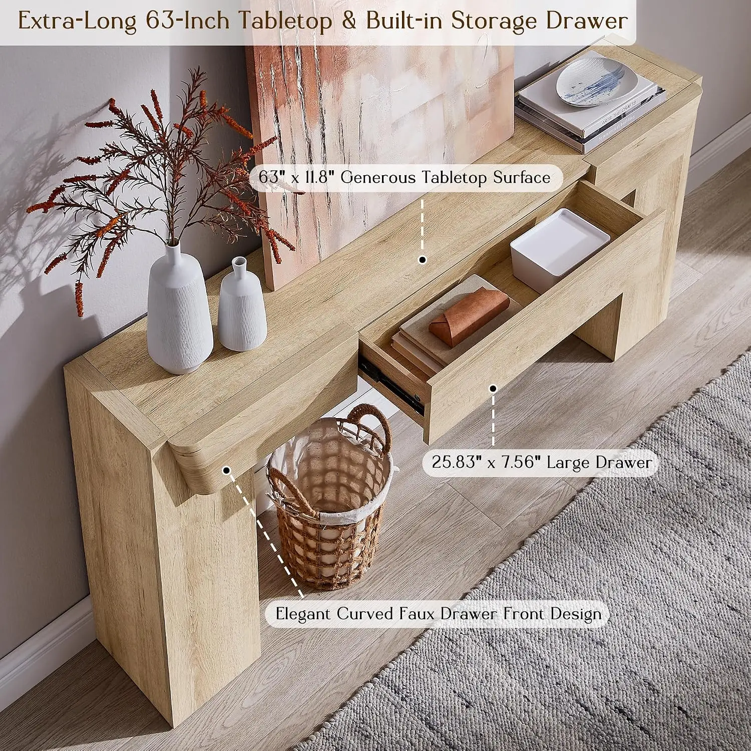 63" Wood Console Table with Storage Drawer, Modern Entryway Sofa Table for Hallway Living Room, Natural Oak, Customized view 3