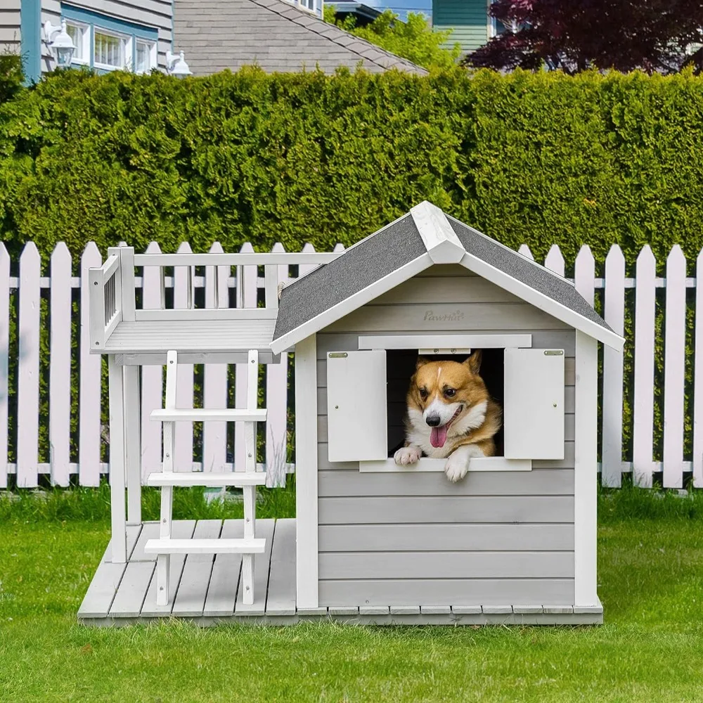 

Outdoor Wooden Dog Kennel with Ladder Balcony, Waterproof Asphalt Roof for Medium and Large Dogs, Log Cabin Raised Dog Kennel