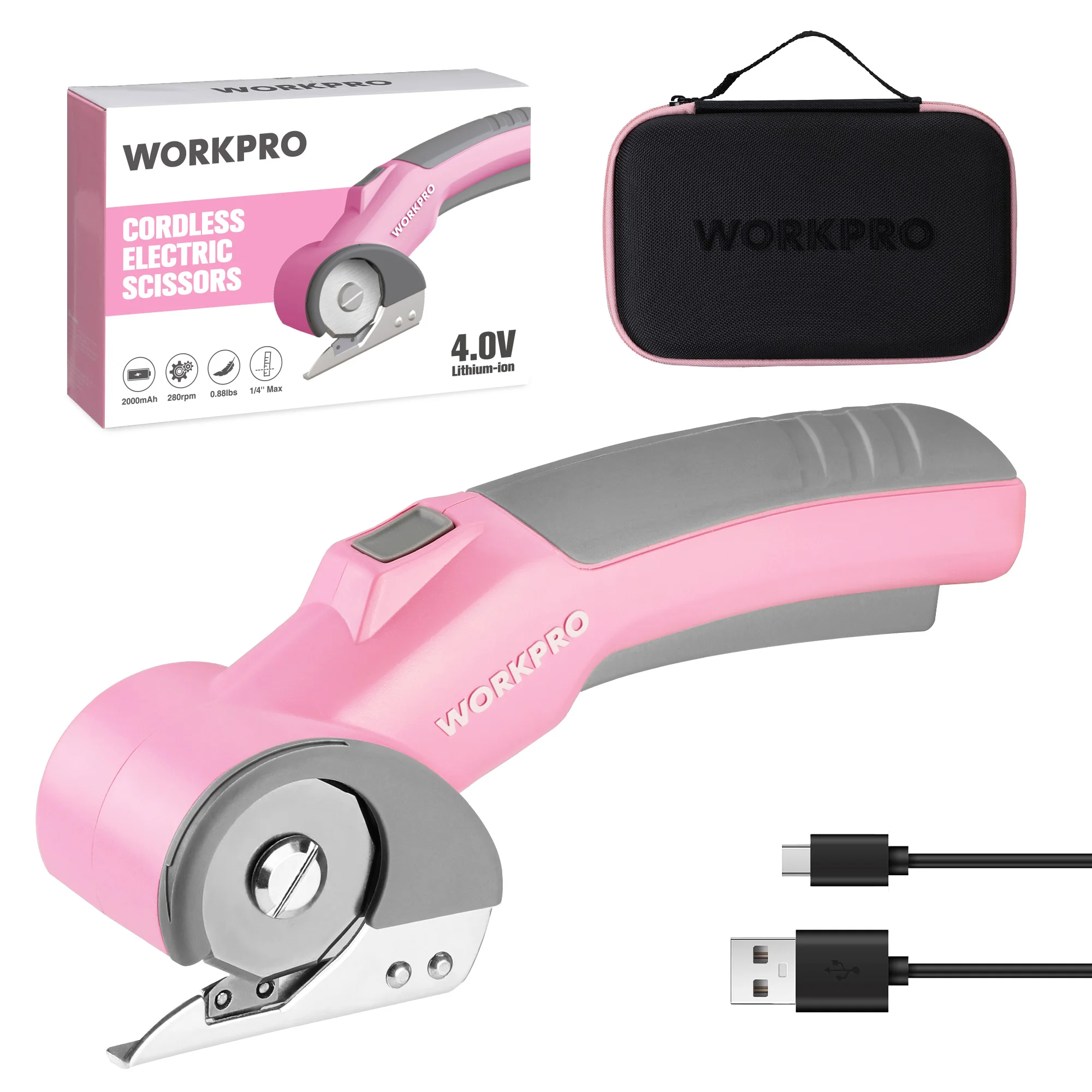 WORKPRO 4V Cordless Electric Scissors Rechargeable Power Rotary Cutter for Fabric Leather Carpet Cardboard with Storage Case