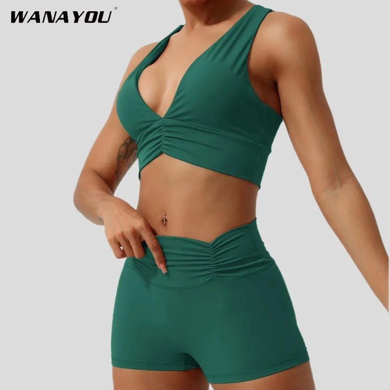 WANAYOU Nude Deep V Neck Sport Bra Women Yoga Sets Workout Gym Scrunch High Waist Fitness Push Up Shorts Running Avtive Suits